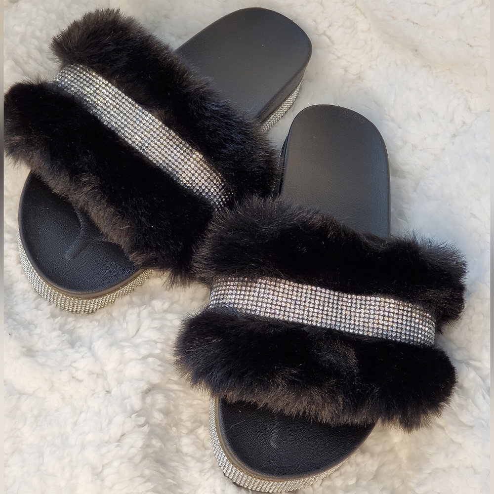 Black Furry and Silver Bedazzled Slippers - Picture 1 of 11